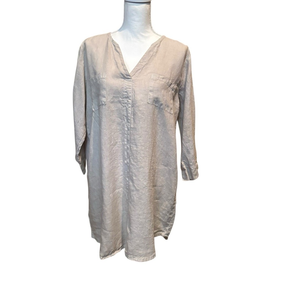 Allen Allen USA Shirt Dress Large Tunic Beige 100% Linen Coastal Lagenlook
